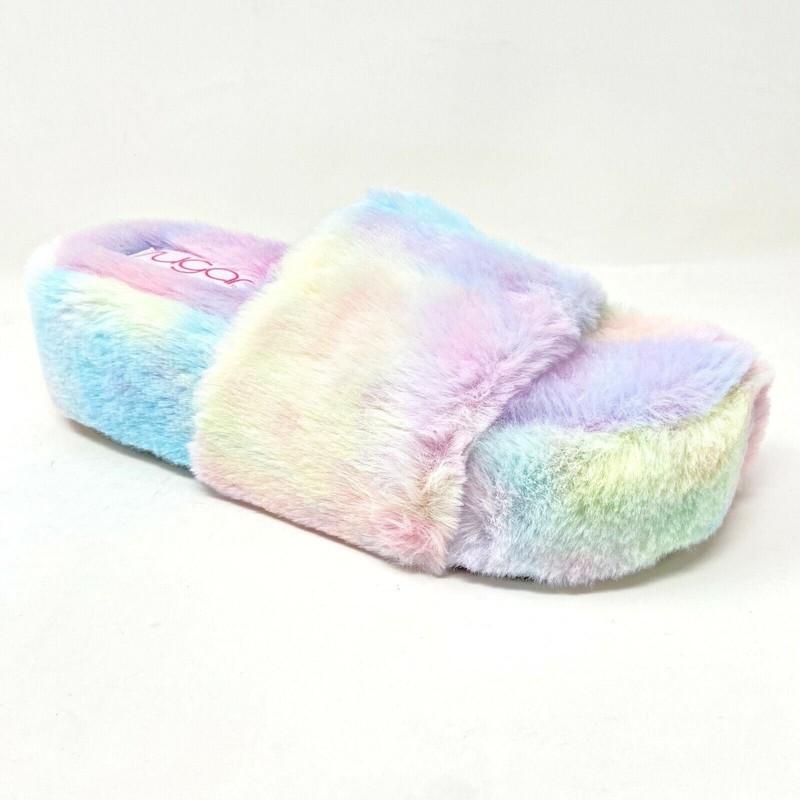 Sugar Wryde Tie Dye Platform Womens Fluffy Slip On Fur Warm Slipper Sandals