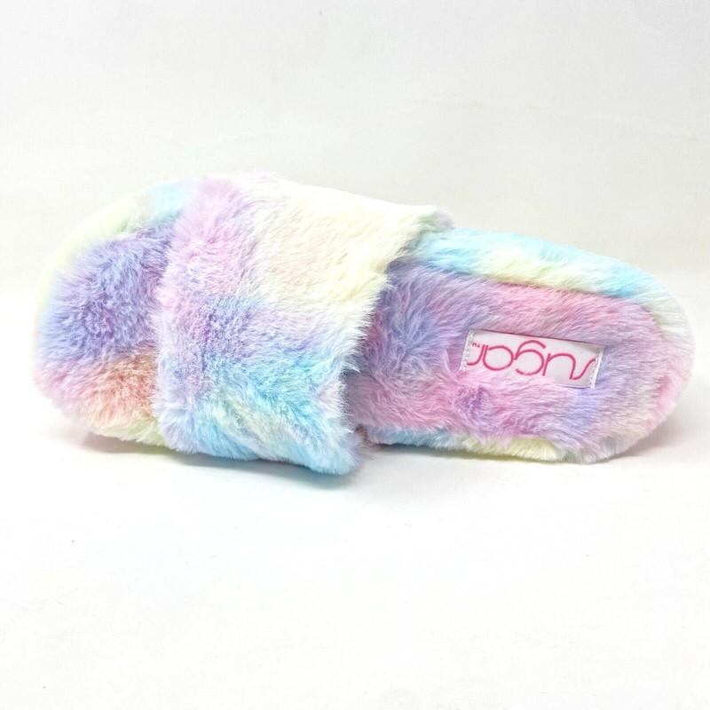 Sugar Wryde Tie Dye Platform Womens Fluffy Slip On Fur Warm Slipper Sandals