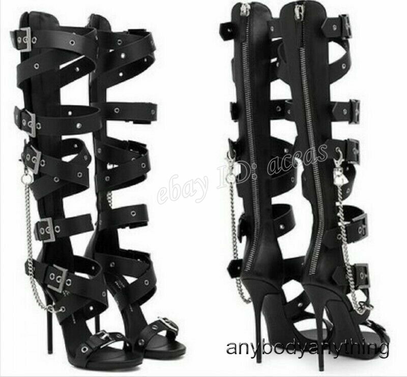 Summer Buckle Knee High Nagagutsu Point Gladiator Stiletto Sandals for Women Hot