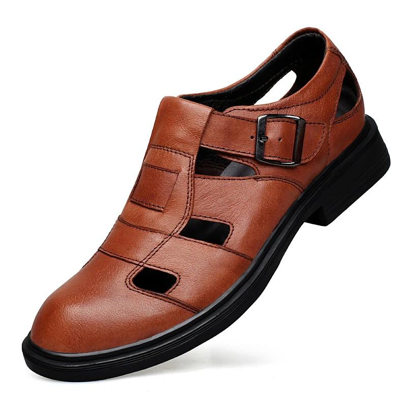 Summer Hollow Leather Shoes Men's Casual Sandals Breathable Lightweight Slippers