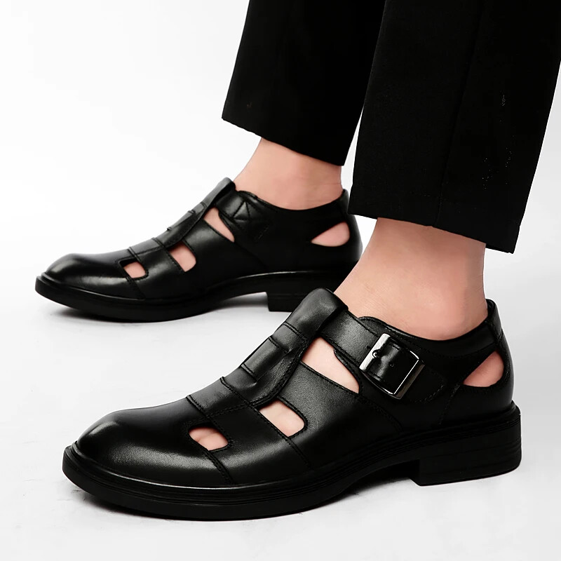 Summer Hollow Leather Shoes Men's Casual Sandals Breathable Lightweight Slippers