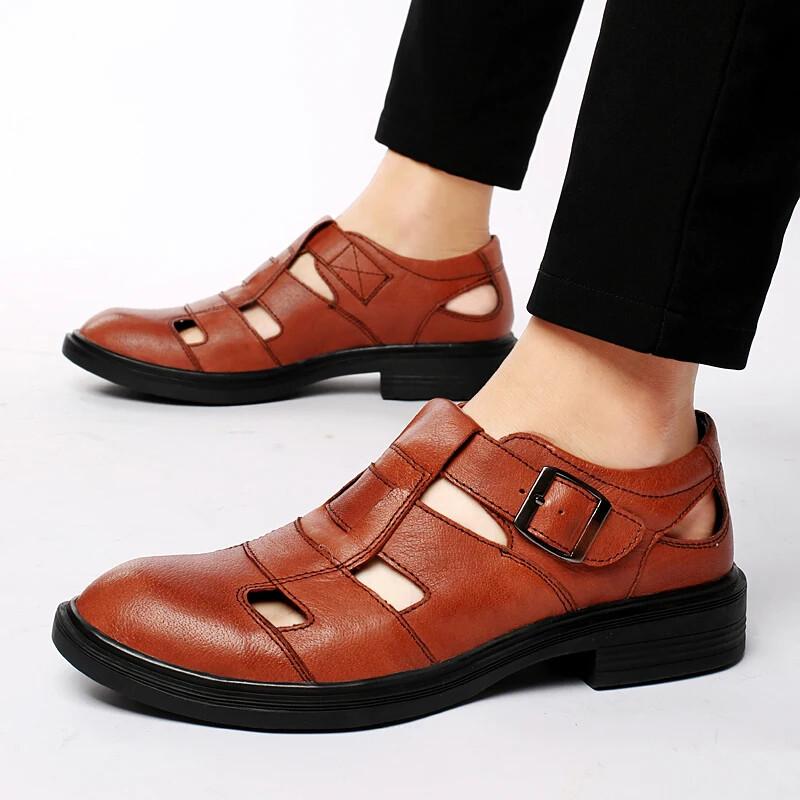 Summer Hollow Leather Shoes Men's Casual Sandals Breathable Lightweight Slippers