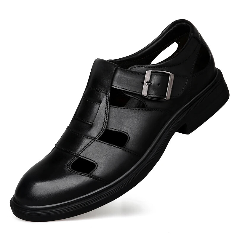 Summer Hollow Leather Shoes Men's Casual Sandals Breathable Lightweight Slippers