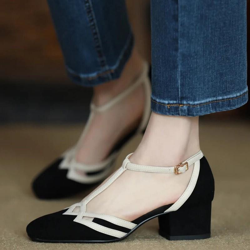 Summer Women Block Mid Heels Buckle T-Strap Hollow Out Party Shoes Sandals Pumps