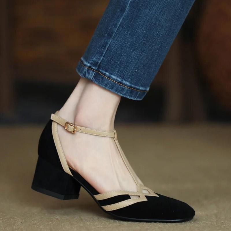 Summer Women Block Mid Heels Buckle T-Strap Hollow Out Party Shoes Sandals Pumps