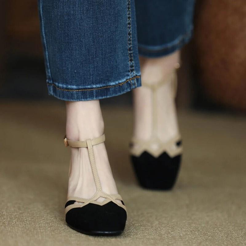 Summer Women Block Mid Heels Buckle T-Strap Hollow Out Party Shoes Sandals Pumps