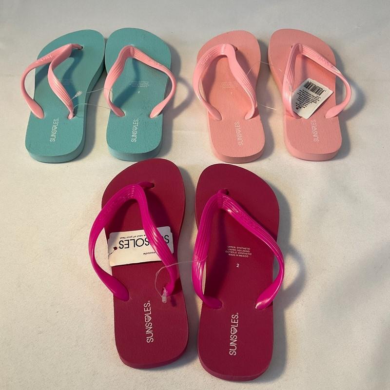SunSoles Flip Flops Girls Size 2 Fucsia Mint Pink 3 Pair
