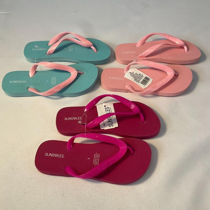 SunSoles Flip Flops Girls Size 2 Fucsia Mint Pink 3 Pair