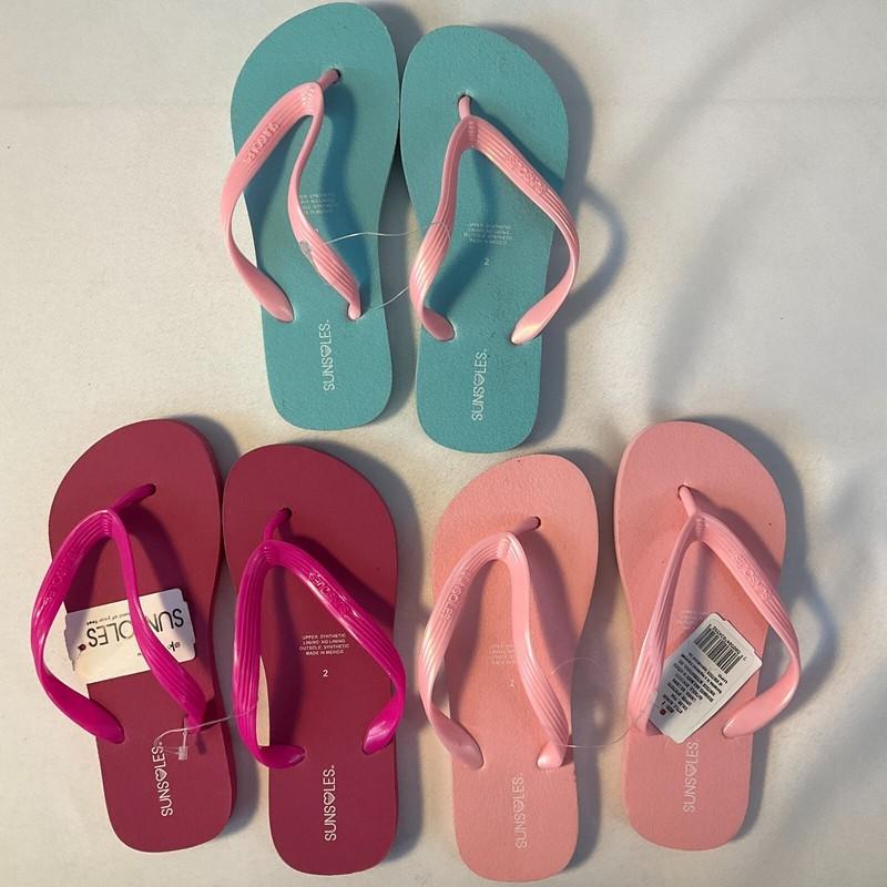 SunSoles Flip Flops Girls Size 2 Fucsia Mint Pink 3 Pair