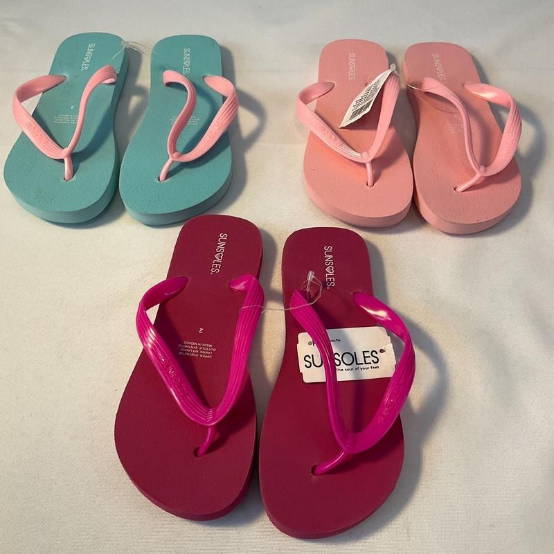 SunSoles Flip Flops Girls Size 2 Fucsia Mint Pink 3 Pair
