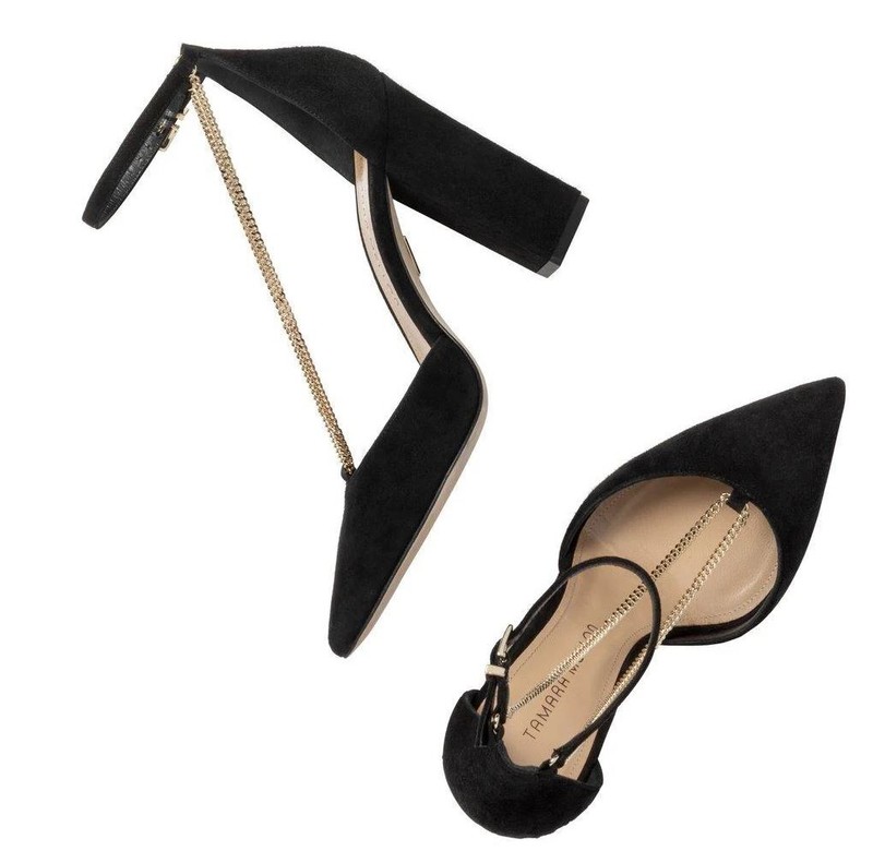 Tamara Mellon Black Suede 2 Chains Block Heel Pumps 105mm $495 NEW