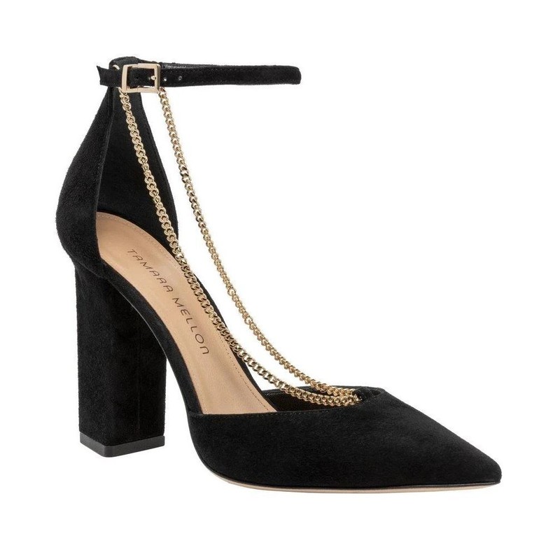 Tamara Mellon Black Suede 2 Chains Block Heel Pumps 105mm $495 NEW