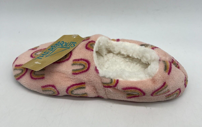 Thereabouts Pink Rainbow Print Plush Slippers Girls Size M-L (Sz 2-4)