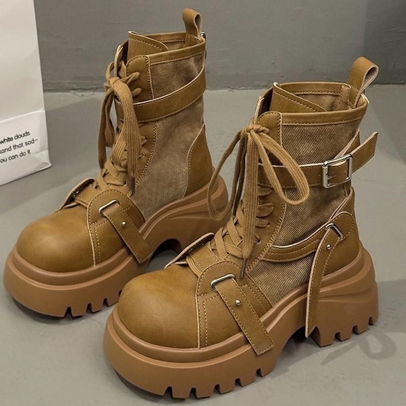 Thick Sole Ankle Boots Women High Heel Flat Platform Riding Military Boots Punk