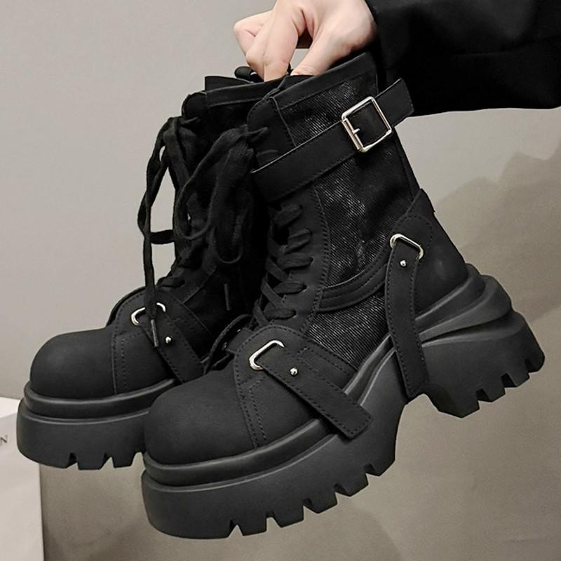 Thick Sole Ankle Boots Women High Heel Flat Platform Riding Military Boots Punk