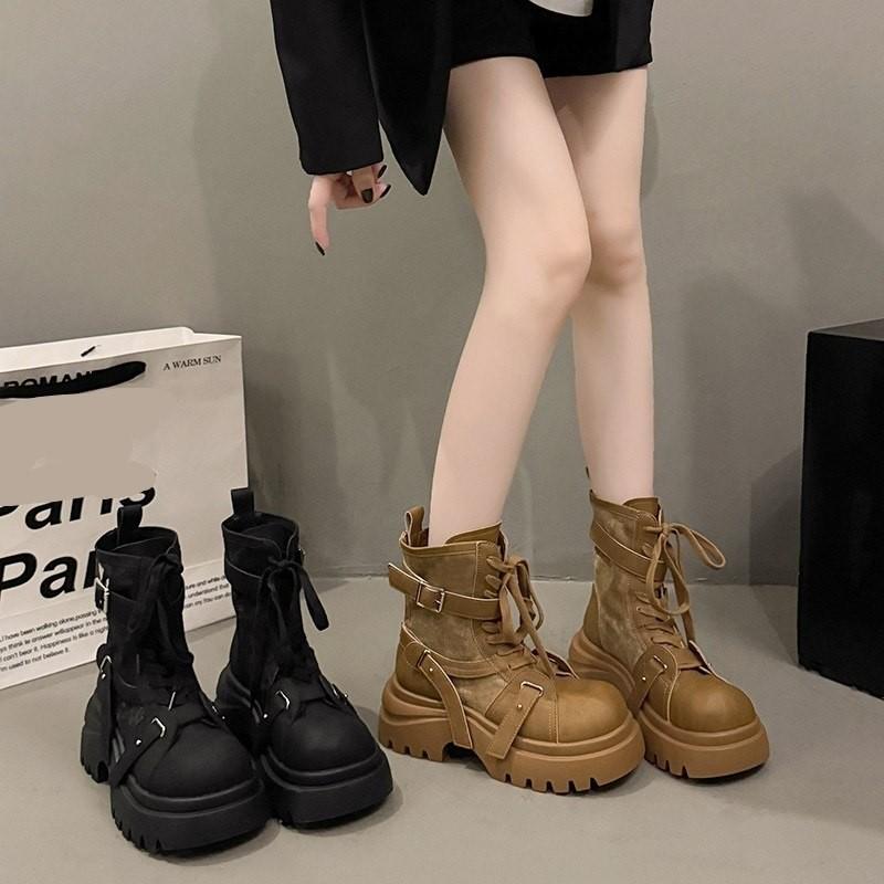 Thick Sole Ankle Boots Women High Heel Flat Platform Riding Military Boots Punk