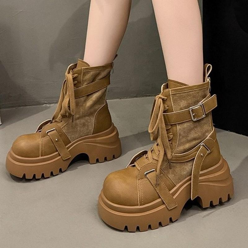 Thick Sole Ankle Boots Women High Heel Flat Platform Riding Military Boots Punk