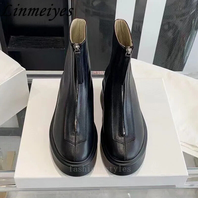 Thick Sole Knight Boots Women Front Zipper Real Leather Ankle Boots Boots Female