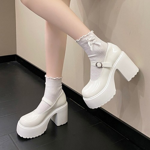 Thick Sole Mary Jane Shoes Women's Pu Leather High Block Heels Cos Platform Pump