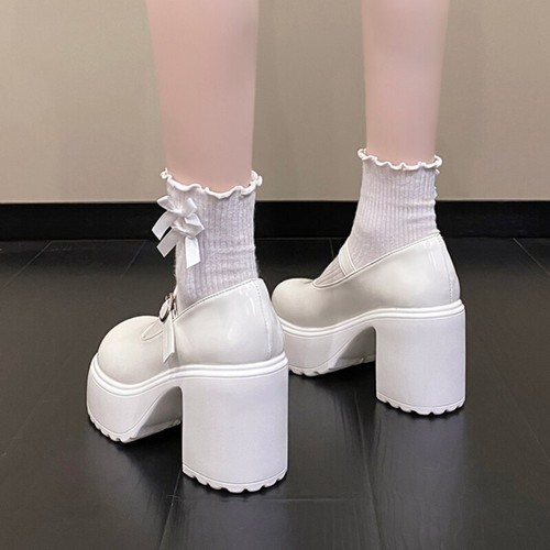 Thick Sole Mary Jane Shoes Women's Pu Leather High Block Heels Cos Platform Pump