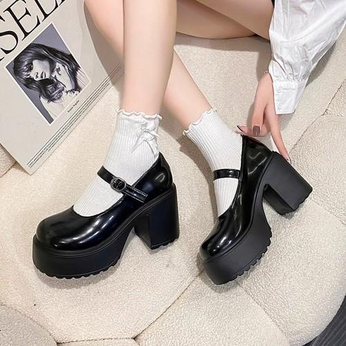 Thick Sole Mary Jane Shoes Women's Pu Leather High Block Heels Cos Platform Pump