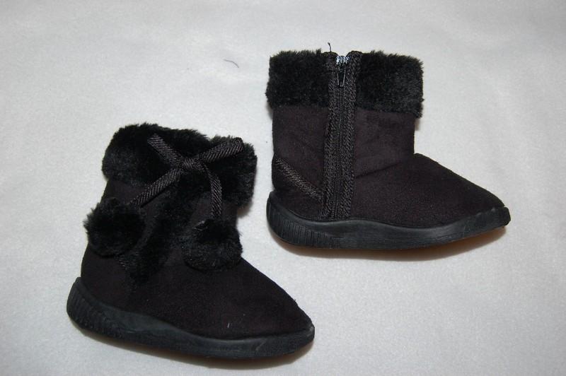 Toddler Baby Girls BLACK MOCK SUEDE BOOTS Faux Fur Trim POM POMS Zipper Sides 5