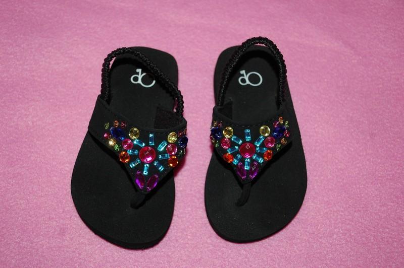 Toddler Girls BLACK FLIP FLOPS w/ RHINESTONE GEMS FLOWERS Ankle Strap S 5-6