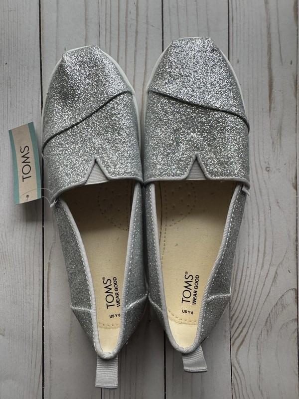 TOMS Girls Alpargata Silver Iridescent Glimmer Glitter Youth Size 6