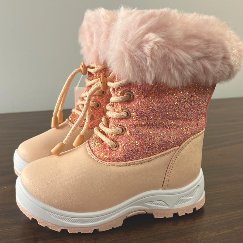 Tottler Size 9 Girls Winter Snow Boots Faux Fur Warm Pink Glitter Lace Up NEW