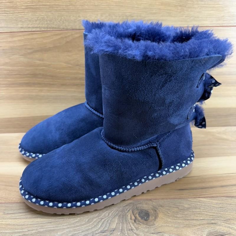 UGG Big Girls Youth 5 Bailey Bow Navy Blue Suede Metallic Dots Shearling Fur