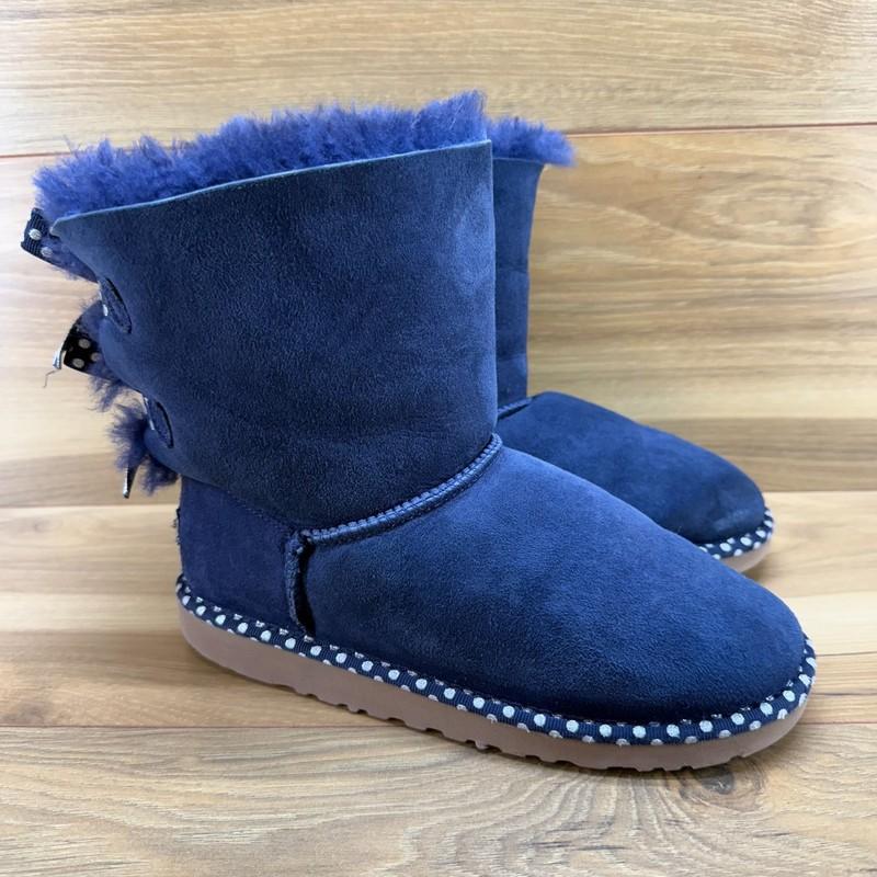 UGG Big Girls Youth 5 Bailey Bow Navy Blue Suede Metallic Dots Shearling Fur