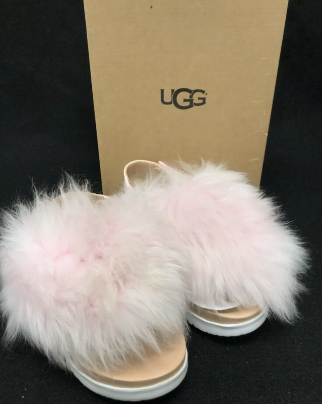 UGG KIDS GIRLS HOLLY FURRY SANDAL SEASHELL PINK SHEEPSKIN SIZES 12-6