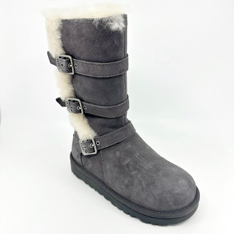 UGG Maddi Charcoal Gray Kids Girls Buckle Suede Shearling Boots 1001520 CHRC