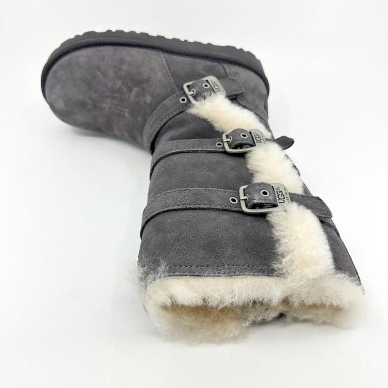 UGG Maddi Charcoal Gray Kids Girls Buckle Suede Shearling Boots 1001520 CHRC