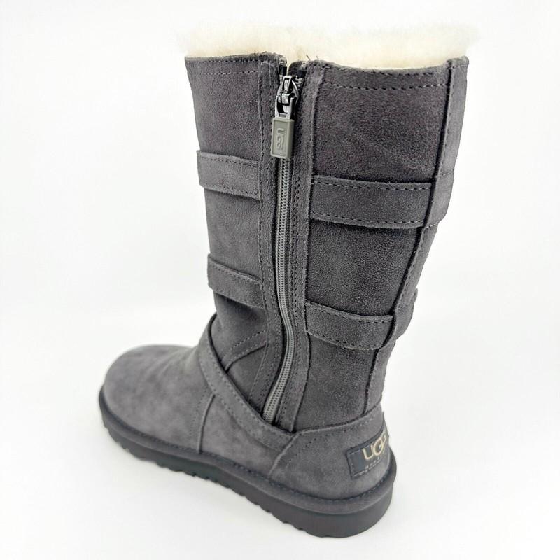 UGG Maddi Charcoal Gray Kids Girls Buckle Suede Shearling Boots 1001520 CHRC