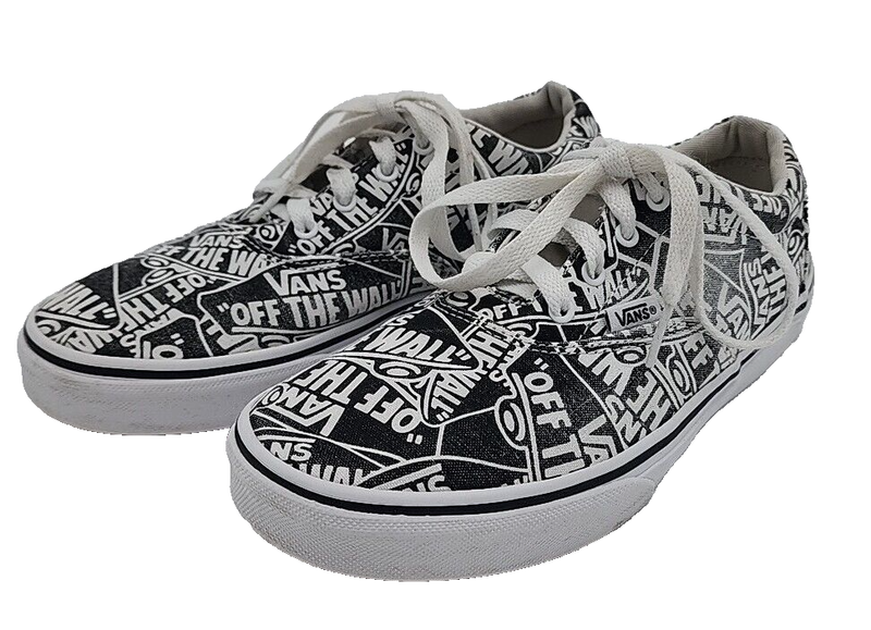 VANS Off The Wall All Over Logo Black and White Laced Shoes Youth 5.0 Pre-Owned
