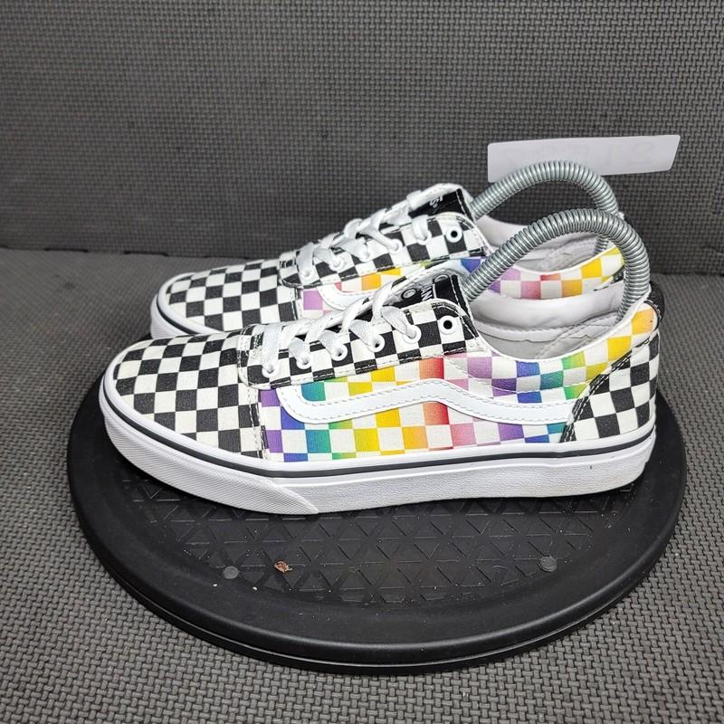 Vans Old Skool Shoes Missy Sz 5.5 Black White Rainbow Checkered Skate Sneakers