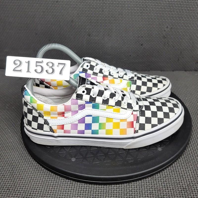 Vans Old Skool Shoes Missy Sz 5.5 Black White Rainbow Checkered Skate Sneakers