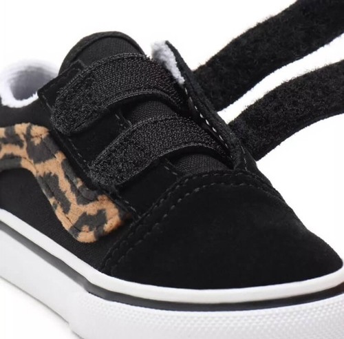 Vans Old Skool V Leapord Fur Black/ True White Kids Toddler Skate Shoes Sneakers