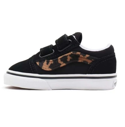 Vans Old Skool V Leapord Fur Black/ True White Kids Toddler Skate Shoes Sneakers