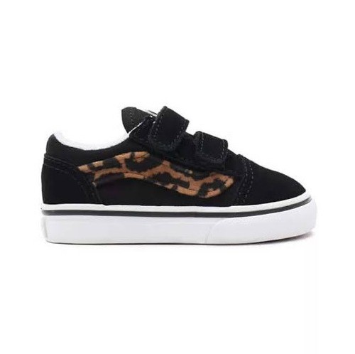 Vans Old Skool V Leapord Fur Black/ True White Kids Toddler Skate Shoes Sneakers