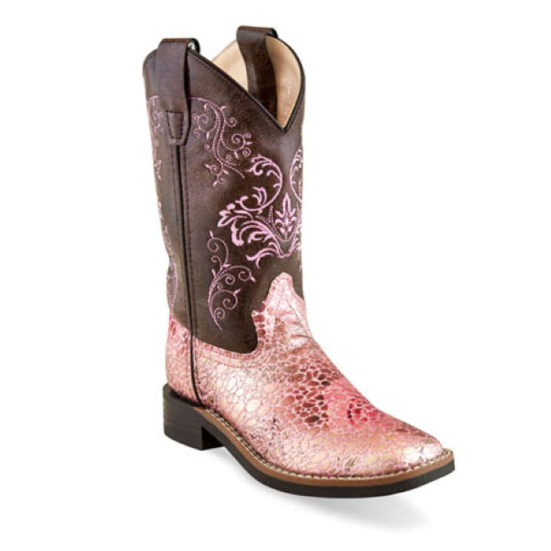 VB9154 Old West Girls' Pink/Brown Fancy Stitch Western Cowboy Boot NEW