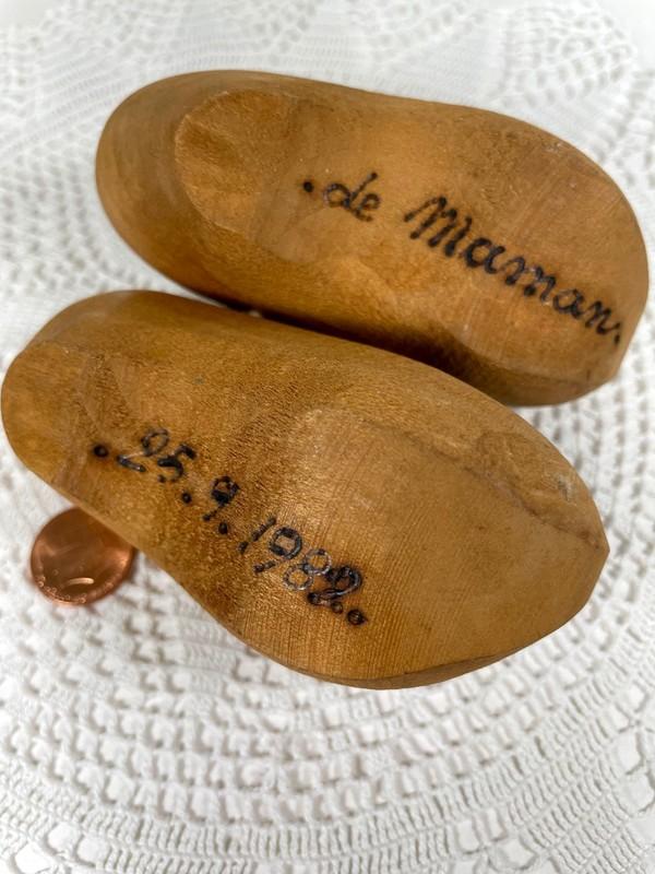 Vintage Baby Wooden Shoes 4" Long Birthday Date On The Bottom May 9 1982