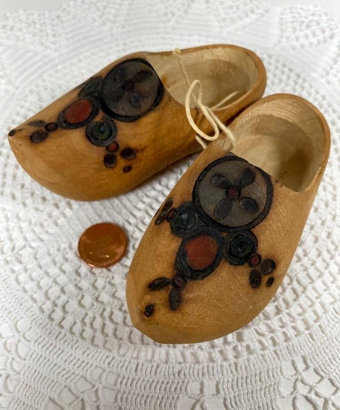 Vintage baby wooden shoes 4" long birthday date on the bottom May 9 1982