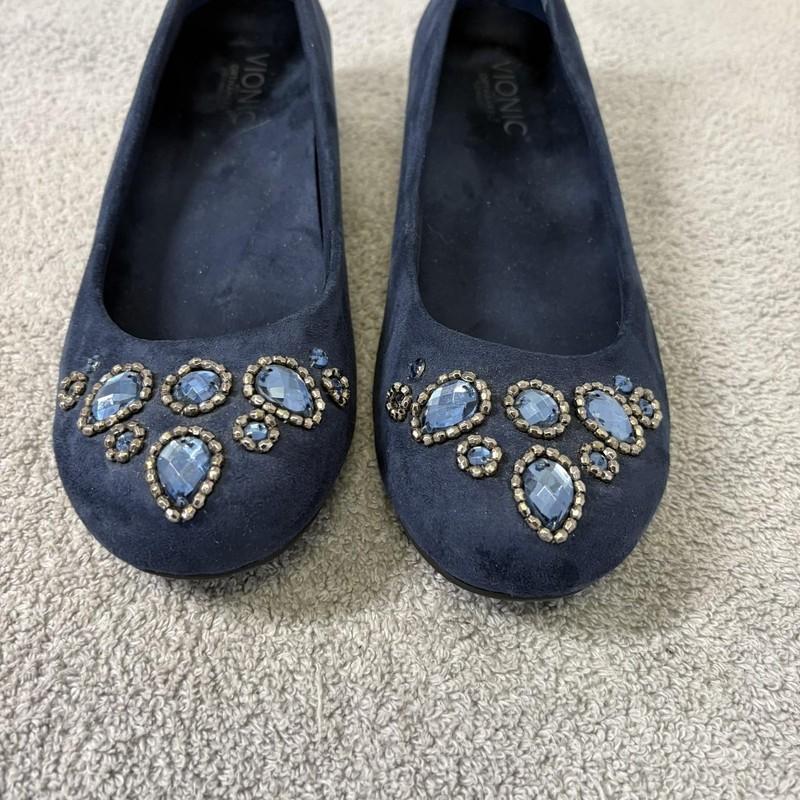 Vionic Cameron Shoes Womens Size 7 Navy Blue Ballet Flats Beaded Jeweled Comfort