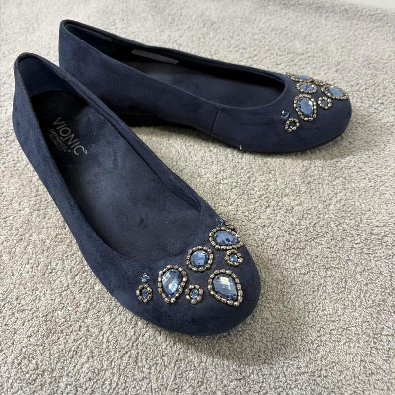 Vionic Cameron Shoes Womens Size 7 Navy Blue Ballet Flats Beaded Jeweled Comfort