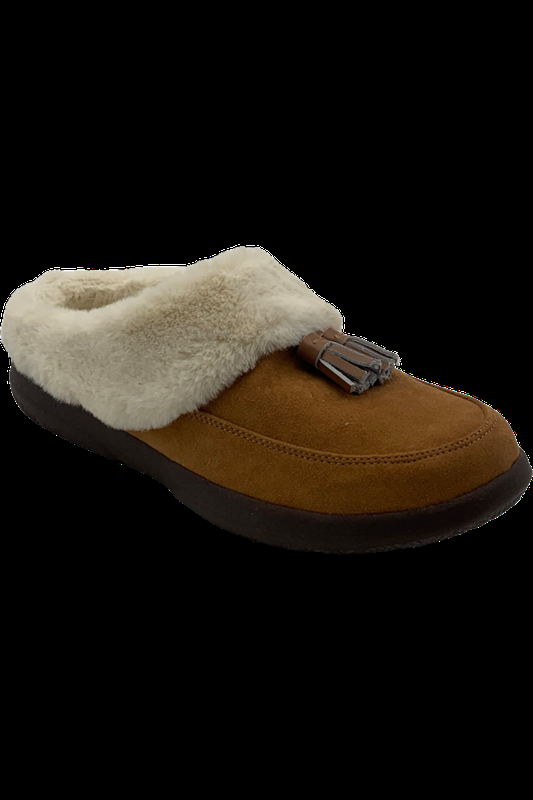 Vionic Microfiber Slippers With Suede Tassel Perrin Toffee