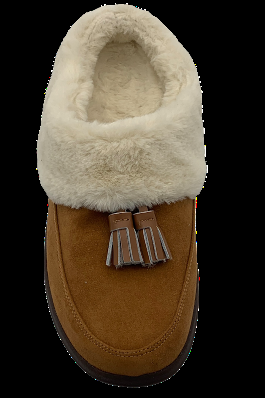 Vionic Microfiber Slippers With Suede Tassel Perrin Toffee