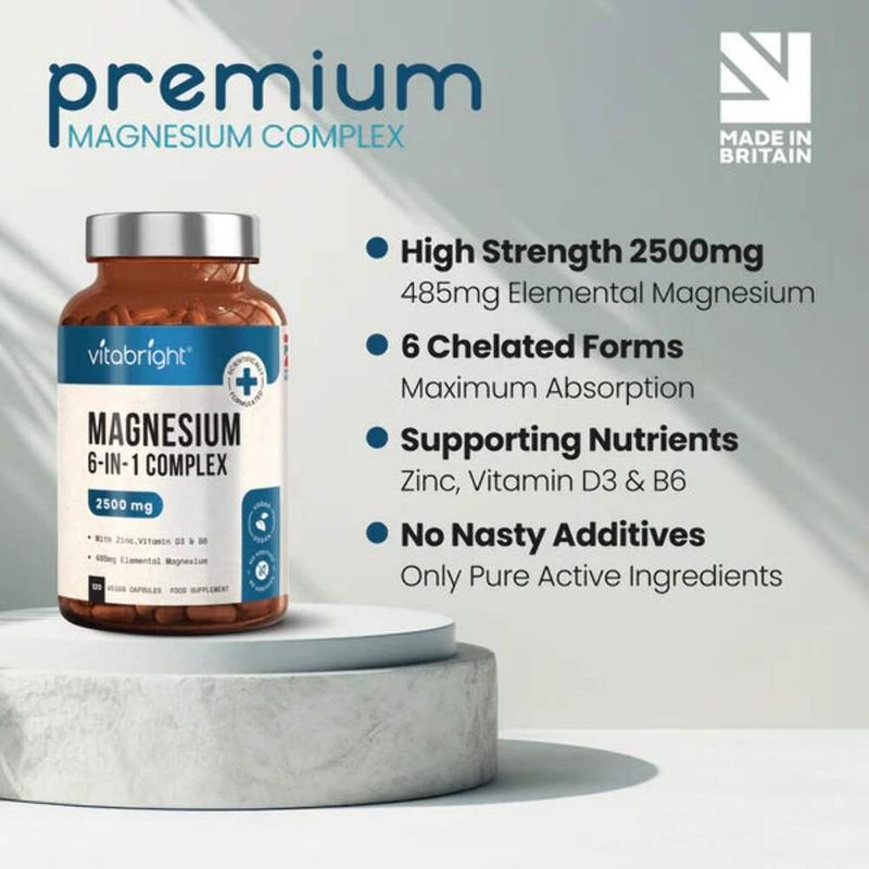 VitaBright Magnesium Glycinate 6-in-1 Complex 2500mg 485mg Elemental Magnesium
