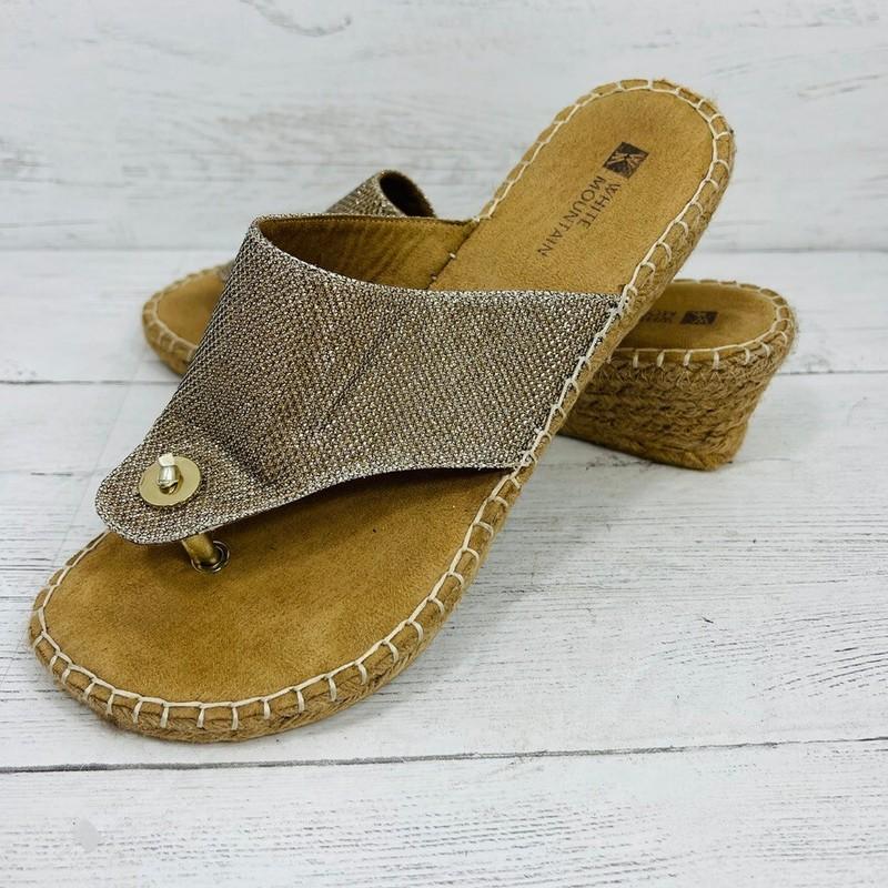 White Mountain Beachball Sandals 8.5M Gold Sparkle Wedge Espadrille Flip Flop